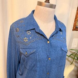 Western Style Denim Look Studded Button Up Blouse L